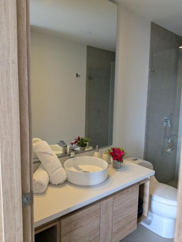 a bathroom with a sink and a mirror at Apartamento en Manzanillo con salida directa a la playa in Cartagena de Indias