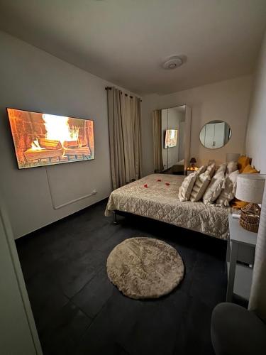 a hotel room with a bed and a tv on the wall at L abricosy in Drancy