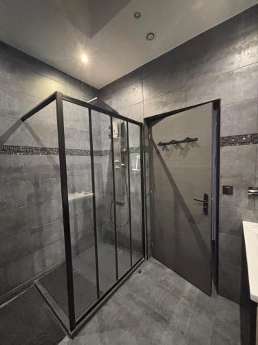a shower with a glass door in a bathroom at L abricosy in Drancy