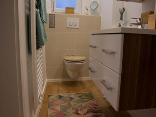 a small bathroom with a toilet and a sink at Ferienwohnung DER INSULANER in Lindau
