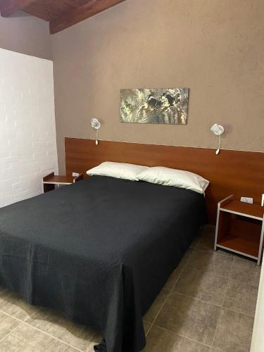 a bedroom with a large bed with two lamps on it at LA TORRE - Complejo de cabañas in Villa Rumipal
