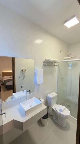 a bathroom with a toilet and a sink and a shower at Ibirama Vale Hotel in Ibirama