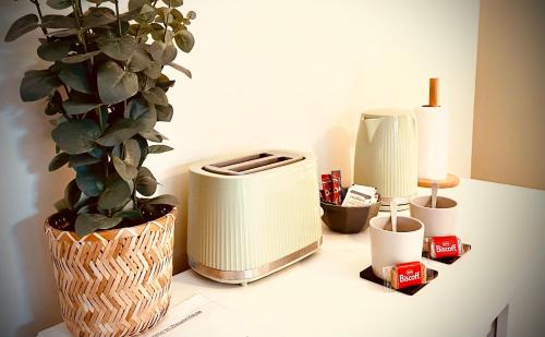 a counter with a toaster and a potted plant on it at Wessex House in Basingstoke