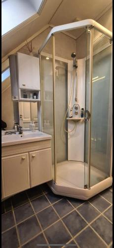 a glass shower in a kitchen with a sink at Central Stay Odda in Odda