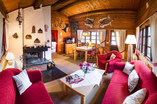 a living room with red furniture and a fireplace at Bergblick Willingen in Neerdar