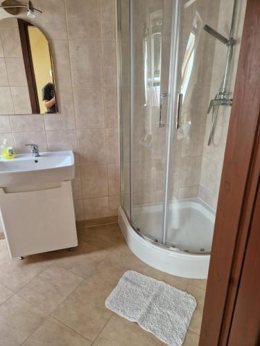 a bathroom with a shower and a sink at Schronisko Sokoliki in Mysłakowice