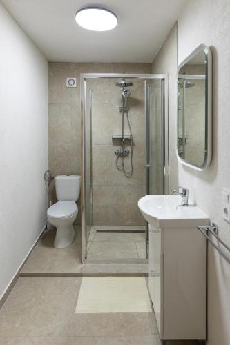 a bathroom with a shower and a toilet and a sink at Zselic Kuckó by Mártika in Szigetvár