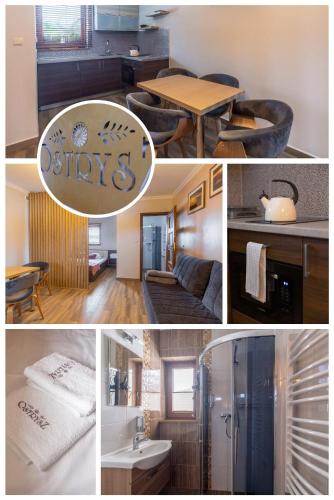 a collage of photos of a kitchen and a living room at Ostrysz in Dzianisz