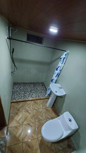 a bathroom with a toilet and a staircase in a room at Cabañas Toku Laka in Fortuna