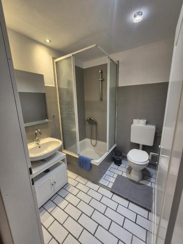 a bathroom with a toilet and a shower and a sink at Süder11 - ApartB in Eddelak