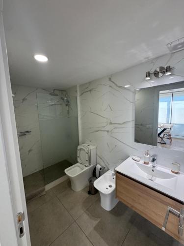 a bathroom with a toilet and a sink and a shower at Apartamento Piriapolis in Piriápolis