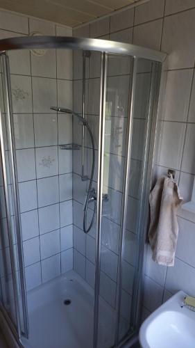 a shower with a glass door in a bathroom at FeWo Kalletal in Kalletal