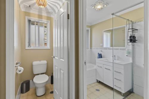a bathroom with a toilet and a sink and a mirror at Lemon Tree Getaway Inn in Lemon Tree Passage