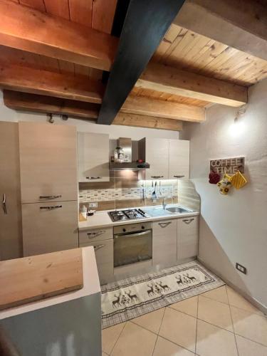 a kitchen with white appliances and wooden ceilings at BORMIO Alpine Suite in Valdidentro