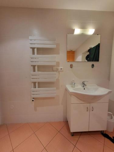 a bathroom with a sink and a mirror at Chalupa Dolce Vita in Trutnov