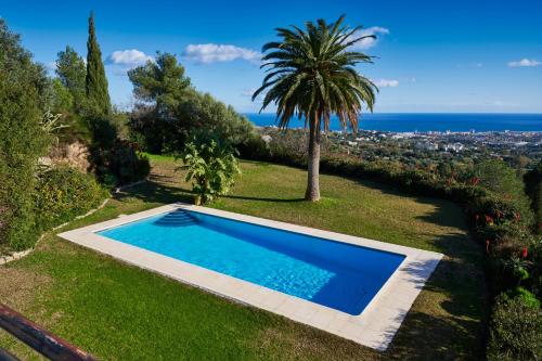 a swimming pool in a yard with a palm tree at Villa El Capricho in Mijas