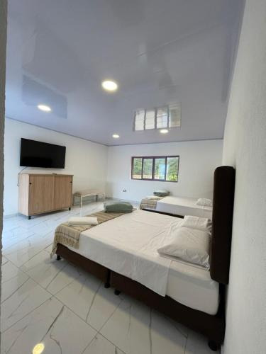 ein Schlafzimmer mit zwei Betten und einem Flachbildfernseher in der Unterkunft Don Joaquín in Buenavista