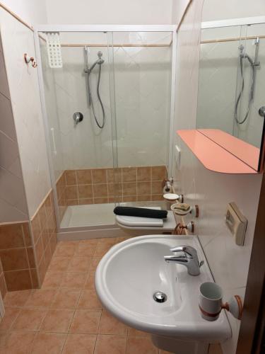 a bathroom with a sink and a shower and a toilet at Casa Cuoco in Civita Campomarano