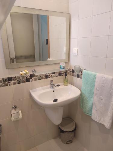 a bathroom with a sink and a mirror and towels at L'Ambre in Hammamet