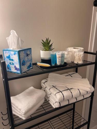 a shelf with towels and other items on it at Skipper Apt #4 in Rockingham