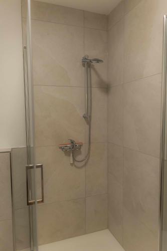 un bagno con doccia con porta in vetro di Kaiserbrunnen Gastromeile, City, Messe & Stadionnah a Dortmund