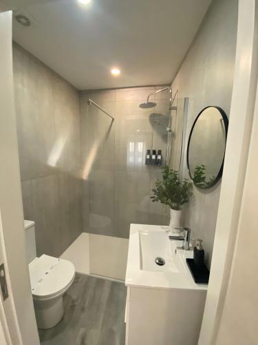 a bathroom with a sink and a toilet and a mirror at Naval - Marina View Apartments in Vila do Conde