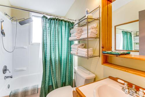 a bathroom with a sink and a toilet and a shower at Walkable Location, Historic Setting: Warrenton Apt in Warrenton