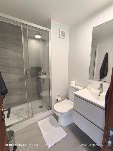 a bathroom with a shower and a toilet and a sink at Departamento Piso 6 in Puerto Montt