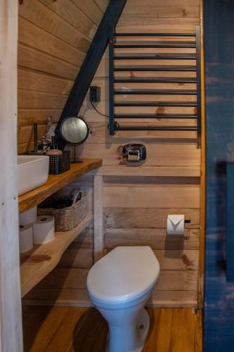 a small bathroom with a toilet and a sink at Chale Pepê in Campo Alegre