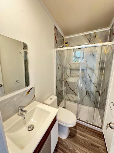 a bathroom with a sink and a toilet and a shower at Tordos Lodge in Quintero
