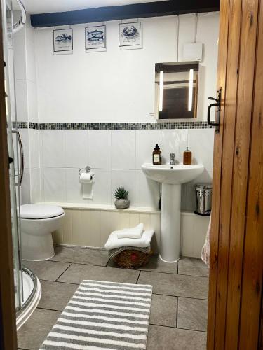 a bathroom with a sink and a toilet at Smugglers Cottage converted Barn with Pool & Jacuzzi NR Lyme Regis in Whitchurch Canonicorum