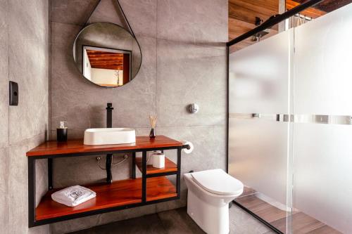 a bathroom with a sink and a toilet and a mirror at Shangri-lá Chalés in Gonçalves