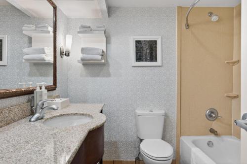 a bathroom with a sink and a toilet and a mirror at Hotel SLC in Salt Lake City