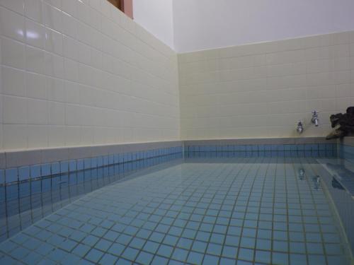 a bathroom with a swimming pool with blue tiles at Hagurokan in Tsuruoka