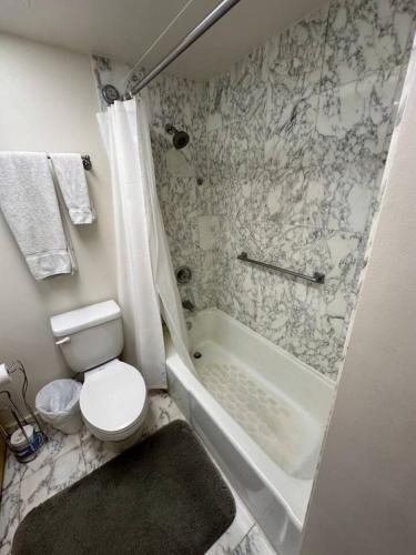 a bathroom with a toilet and a shower and a tub at 305 On the Beach in Waianae