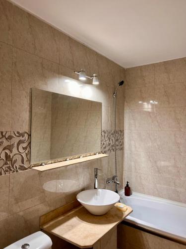 a bathroom with a sink and a mirror and a tub at Transylvanian Nomad II in Cluj-Napoca