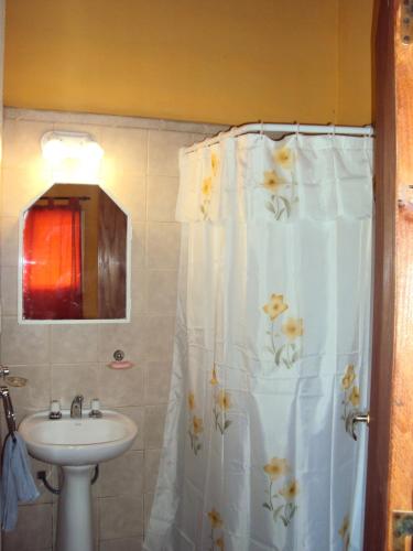 a bathroom with a shower curtain and a sink at Pasos Cortos Cabañas Nono in Nono