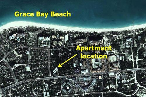a map of a beach with the words garage bay beach and apartment location at The Inn at Grace Bay in Grace Bay