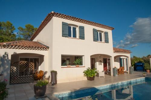 une villa avec une piscine en face d'une maison dans l'établissement Le Mas Pinède, à Lorgues