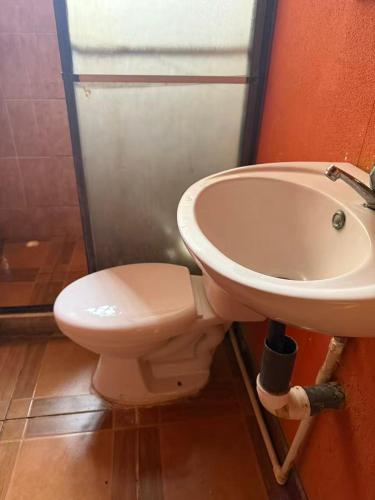 a bathroom with a toilet and a sink at Cabinas Cable Talamanca in Puerto Viejo