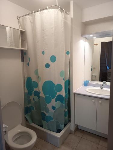 a bathroom with a shower with a toilet and a sink at Maison blanche in Calvisson