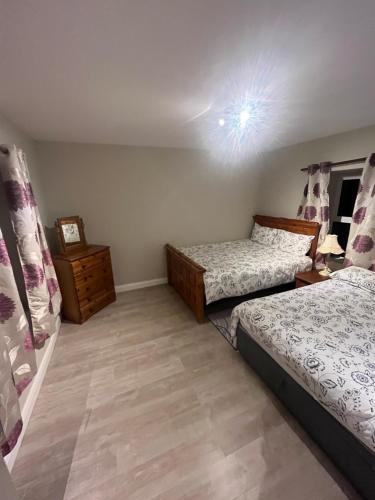 a bedroom with two beds and a nightstand at The Rathmore House in Roscommon
