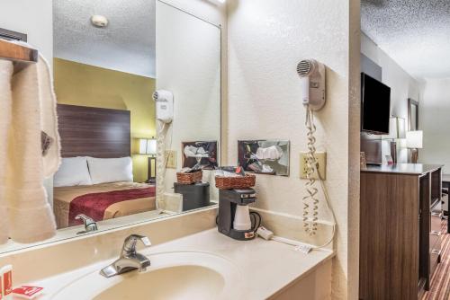 a hotel room with a sink and a mirror at Econo Lodge Inn & Suites Mckinney - Plano North in McKinney