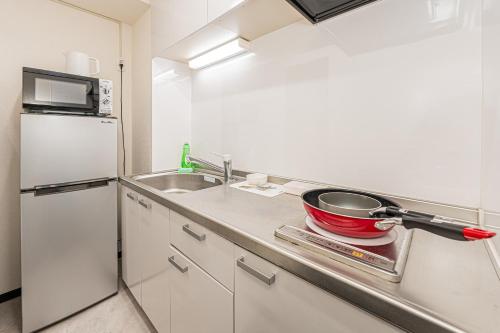a kitchen with a sink and a frying pan on the counter at Louis stage showamachi in Tokyo
