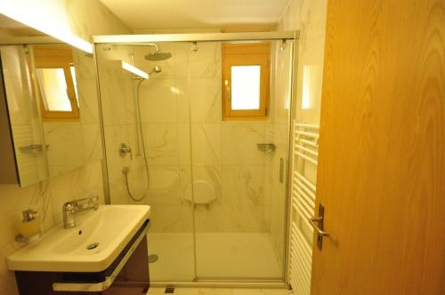 ein Bad mit einer Dusche und einem Waschbecken in der Unterkunft Family Frame Apartment in Lauterbrunnen