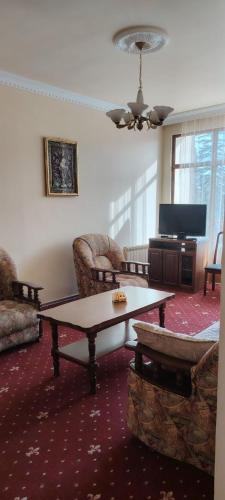 un soggiorno con tavolo e sedie e una televisione di Anush Hotel a Jermuk