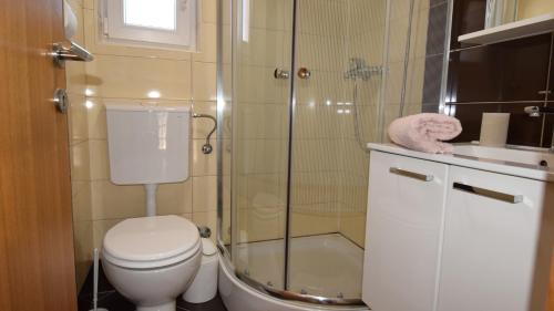a bathroom with a shower and a toilet and a sink at Coastal Retreat Villa Milena by Villas Guide in Novalja