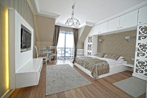 a bedroom with a bed and a tv in it at Hotel Kompleks Beskid z basenem i stokiem narciarskim - blisko Babiej Góry in Spytkowice