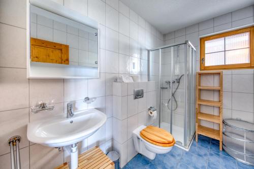 a bathroom with a sink and a toilet and a shower at Ski-in Ski-out with Chimney and view in Les Crosets