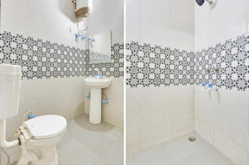 two pictures of a bathroom with a toilet and a sink at Hotel O Dwarka Metro in New Delhi
